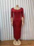 V Neck Ruched 3/4 Sleeve Midi Dress GMYU-11505