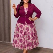 Plus Size Solid Color Blazer Coat Printed Chiffon Dress 2 Piece Set GMLF-3393