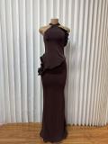 Off Shoulder Halterneck Ruffles Maxi Dress GMYU-11548