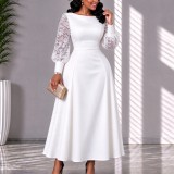 Plus Size Lace Patchwork Long Sleeve Midi Dress GMLF-3394