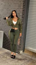 Zipper Hooded Coat Two Piece Pants Set MEM-88730