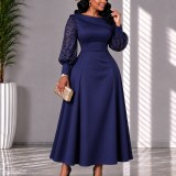 Plus Size Lace Patchwork Long Sleeve Midi Dress GMLF-3394