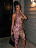 Deep V Neck Halterneck Mesh Leopard Jumpsuit GTGE-MH1039