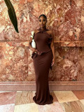 Off Shoulder Halterneck Ruffles Maxi Dress GMYU-11548
