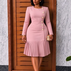 Plus Size Solid Color Pleated Midi Dress GCZF-8679