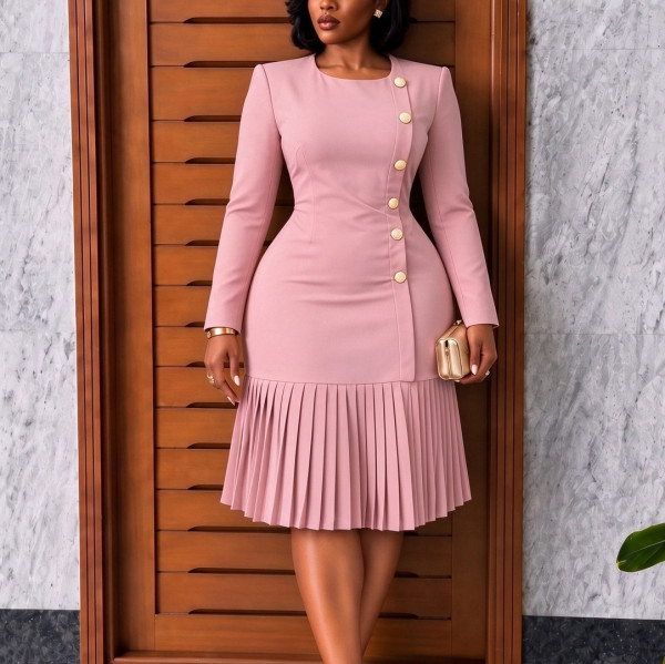 Plus Size Solid Color Pleated Midi Dress GCZF-8679