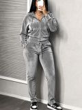 Solid Color Hooded Coat Sport Two Piece Pants Set ZDF-31362