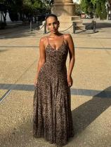 Mesh Leopard Printed V Neck Sling Maxi Dress GMYU-10568