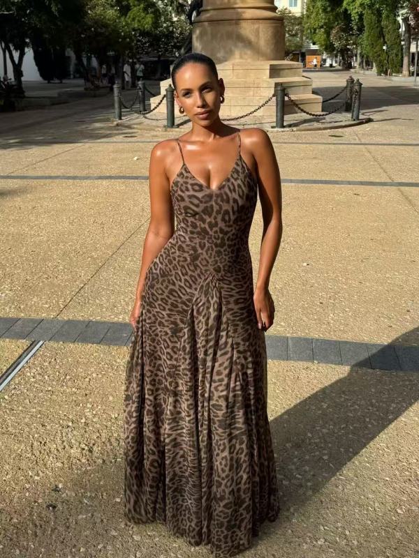 Mesh Leopard Printed V Neck Sling Maxi Dress GMYU-10568