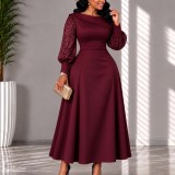 Plus Size Lace Patchwork Long Sleeve Midi Dress GMLF-3394