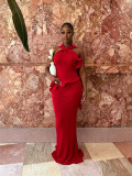 Off Shoulder Halterneck Ruffles Maxi Dress GMYU-11548