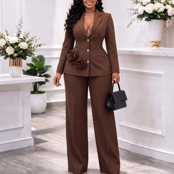 Plus Size Soldi Color Blazer Two Piece Pants Set GATE-654