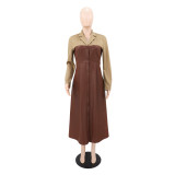 Contrast Color Leather Patchwork Midi Dress GYLY-10968