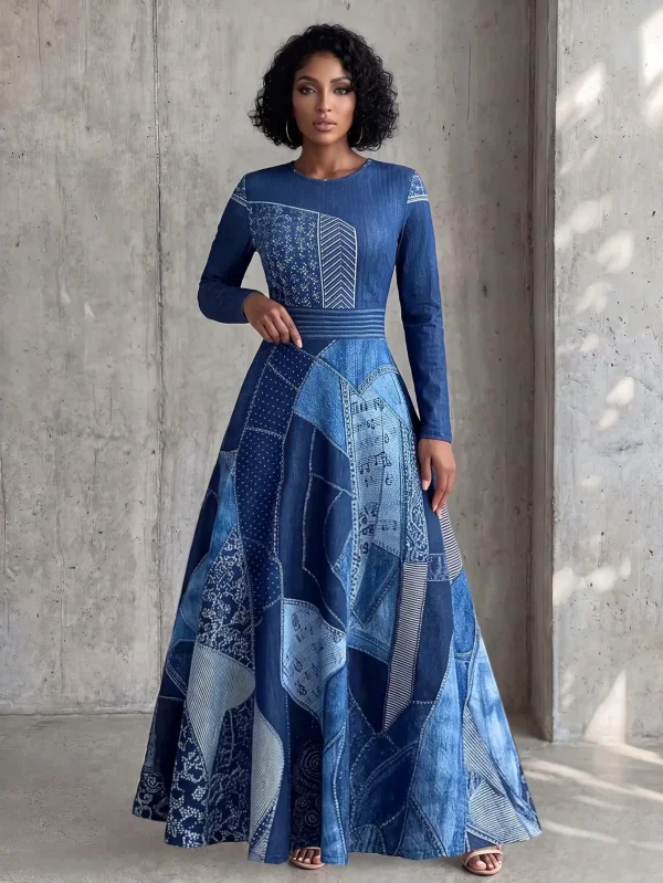 Printed Patchwork Long Sleeve Maxi Dress GQLK-6118