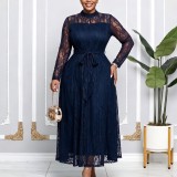 Plus Size Lace Patchwork Long Sleeve Maxi Dress GATE-653