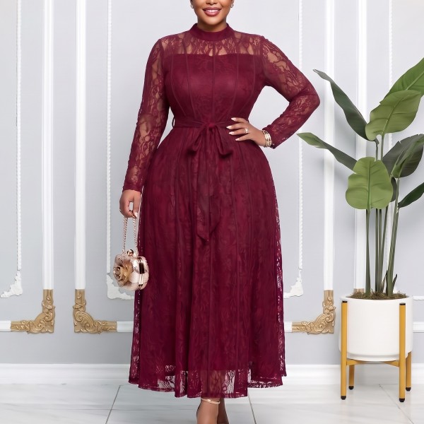 Plus Size Lace Patchwork Long Sleeve Maxi Dress GATE-653