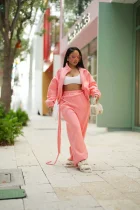 Fleece-lined Solid Color Coat Two Piece Pants Set CM-61019