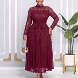Plus Size Lace Patchwork Long Sleeve Maxi Dress GATE-653