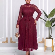Plus Size Lace Patchwork Long Sleeve Maxi Dress GATE-653