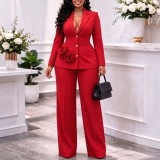 Plus Size Soldi Color Blazer Two Piece Pants Set GATE-654