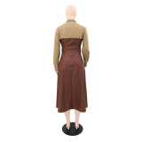 Contrast Color Leather Patchwork Midi Dress GYLY-10968