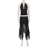 Halterneck Backless Mesh Two Piece Skirt Set GPKJ-MR50066