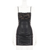 Leather Lace Patchwork Sling Mini Dress GPKJ-MR52356