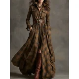 Plaid Printed Long Sleeve Maxi Dress(With Belt) GQLK-5505