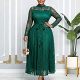 Plus Size Lace Patchwork Long Sleeve Maxi Dress GATE-653