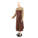 Contrast Color Leather Patchwork Midi Dress GYLY-10968