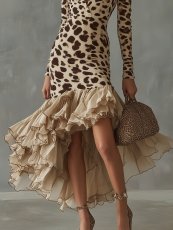 Plus Size Leopard Printed Mesh Patchwork Maxi Dress GQLK-8874