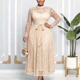 Plus Size Lace Patchwork Long Sleeve Maxi Dress GATE-653
