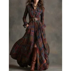 Plaid Printed Long Sleeve Maxi Dress(With Belt) GQLK-5505