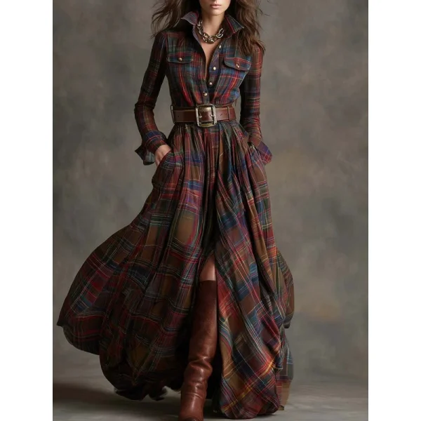 Plaid Printed Long Sleeve Maxi Dress(With Belt) GQLK-5505