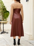 Contrast Color Leather Patchwork Midi Dress GYLY-10968