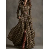 Plaid Printed Long Sleeve Maxi Dress(With Belt) GQLK-5505