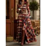 Plaid Printed Long Sleeve Maxi Dress(With Belt) GQLK-5505