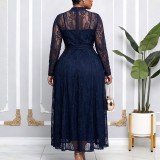 Plus Size Lace Patchwork Long Sleeve Maxi Dress GATE-653