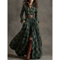 Plaid Printed Long Sleeve Maxi Dress(With Belt) GQLK-5505
