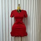 V Neck Short Sleeve Slim Mini Dress GADE-11502