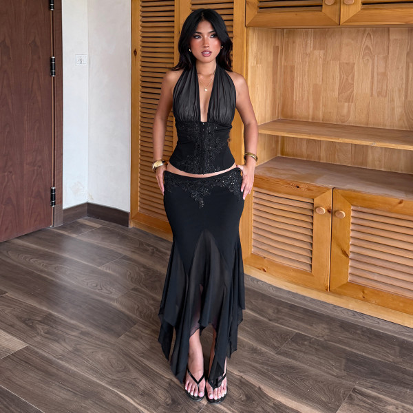 Halterneck Backless Mesh Two Piece Skirt Set GPKJ-MR50066