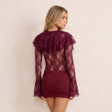 Solid Color Lace Flare Sleeve Mini Dress GDSF-J26DS465