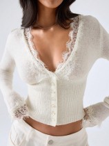 Lace Patchwork V Neck Sweater GXIY-K26L3079