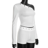 Slash Shoulder Long Sleeve Two Piece Shorts Set MXBF-Y26ST464