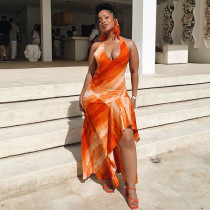 Halterneck Printed Backless Irregular Dress GJYO-JD305975