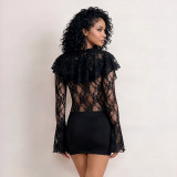 Solid Color Lace Flare Sleeve Mini Dress GDSF-J26DS465