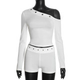 Slash Shoulder Long Sleeve Two Piece Shorts Set MXBF-Y26ST464