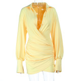Deep V Neck Ruched Shirt Dress FL-JY25334MHO