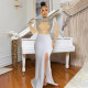 Mesh Hot Drill Long Sleeve Split Maxi Dress CYA-901548