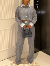 Lapel Long Sleeve Shirt Two Piece Pants Set GHYX-V8111